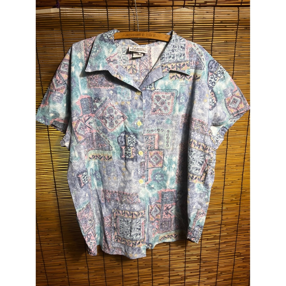 California Connection Pastel Geometric Rayon Button Front Shirt